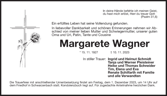 Traueranzeige von Margarete Wagner von Der Bote