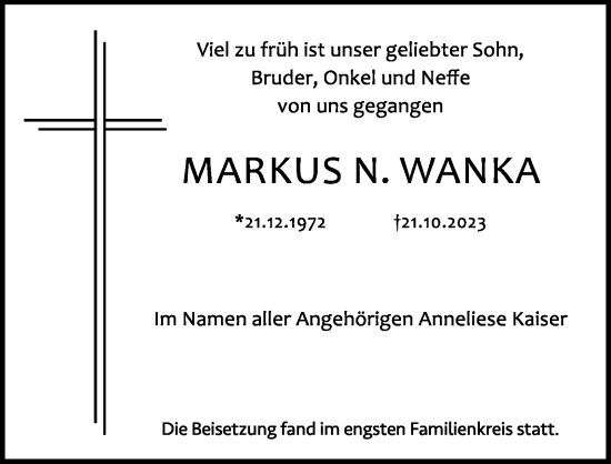 Traueranzeige von Markus Wanka von Hersbrucker Zeitung Lokal