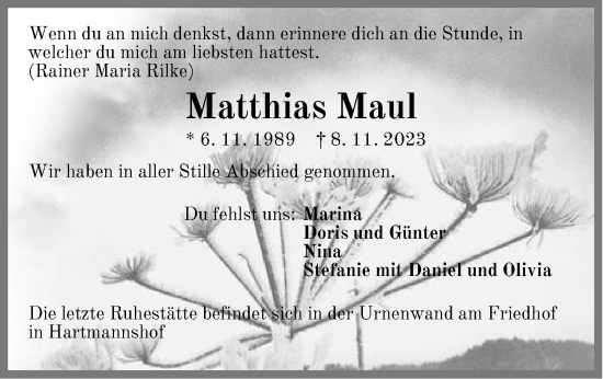 Traueranzeige von Matthias Maul von Hersbrucker Zeitung Lokal