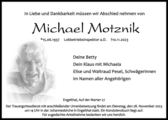 Traueranzeige von Michael Motznik von Hersbrucker Zeitung Lokal