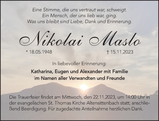 Traueranzeige von Nikolai Maslo von Hersbrucker Zeitung Lokal