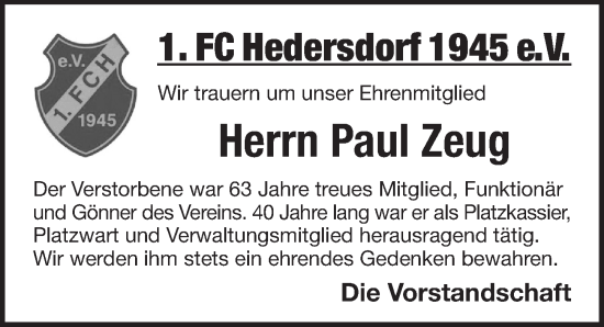 Traueranzeige von Paul Zeug von Pegnitz-Zeitung