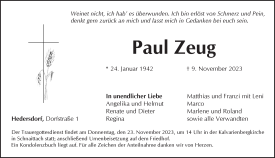 Traueranzeige von Paul Zeug von Pegnitz-Zeitung