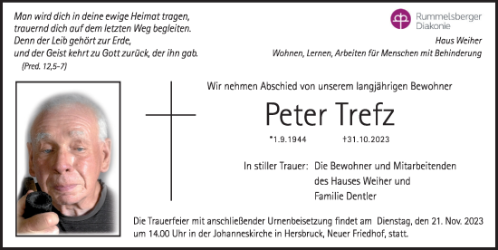 Traueranzeige von Peter Trefz von Hersbrucker Zeitung Lokal