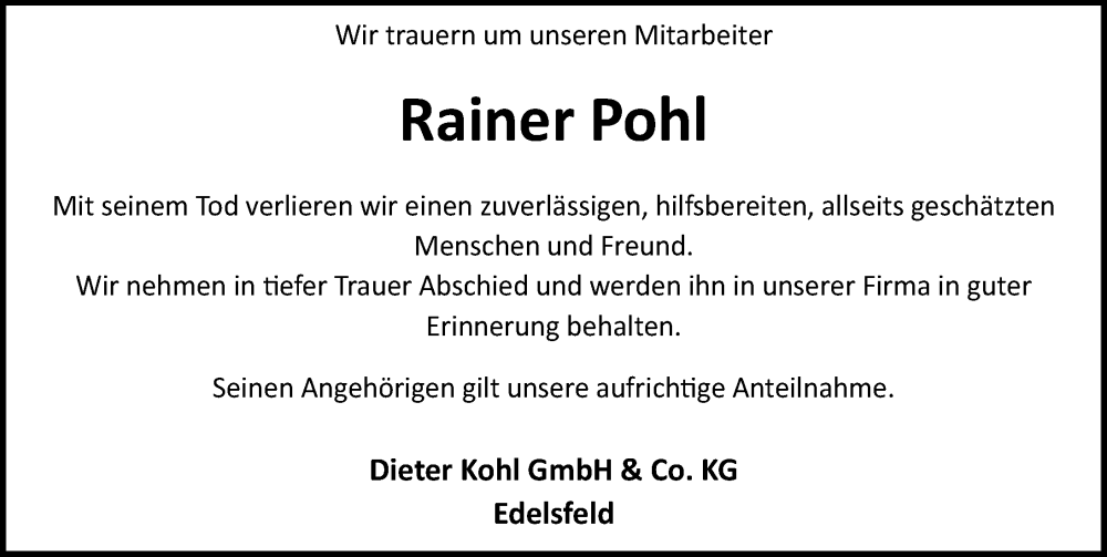  Traueranzeige für Rainer Pohl vom 03.11.2023 aus Hersbrucker Zeitung Lokal