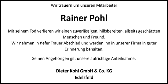 Traueranzeige von Rainer Pohl von Hersbrucker Zeitung Lokal