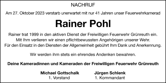 Traueranzeige von Rainer Pohl von Hersbrucker Zeitung Lokal