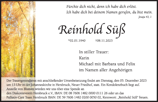 Traueranzeige von Reinhold Süß von Hersbrucker Zeitung Lokal