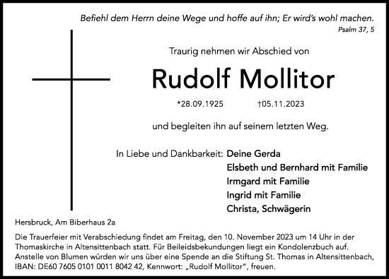 Traueranzeige von Rudolf Mollitor von Hersbrucker Zeitung Lokal