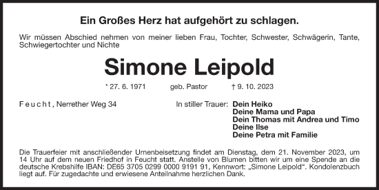 Traueranzeige von Simone Leipold von Der Bote