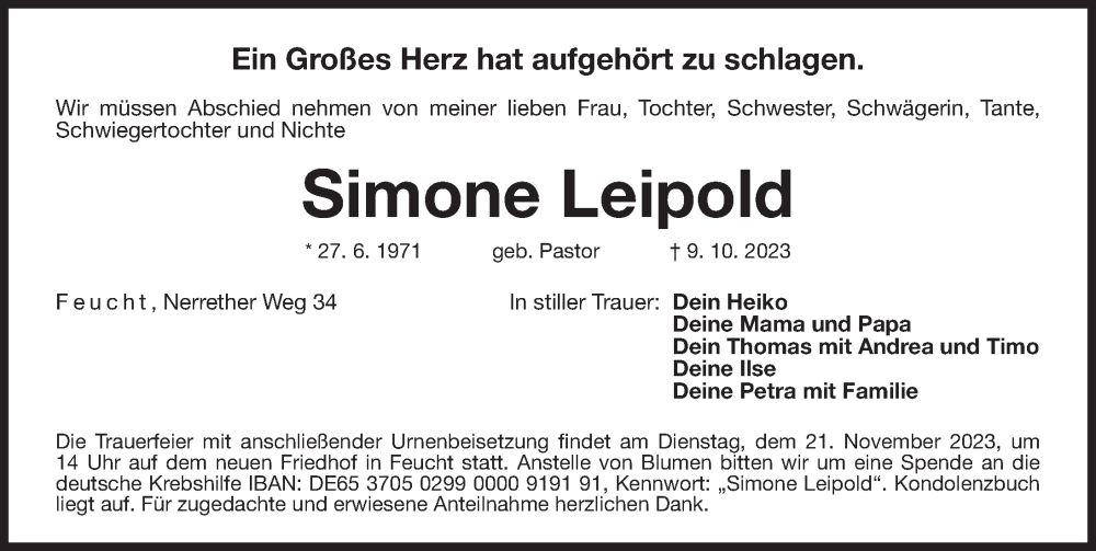  Traueranzeige für Simone Leipold vom 18.11.2023 aus Der Bote