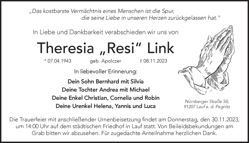  Traueranzeige für Theresia Link vom 25.11.2023 aus Pegnitz-Zeitung