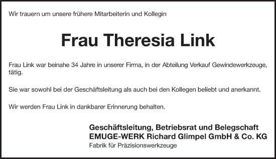 Traueranzeige von Theresia Link von Pegnitz-Zeitung