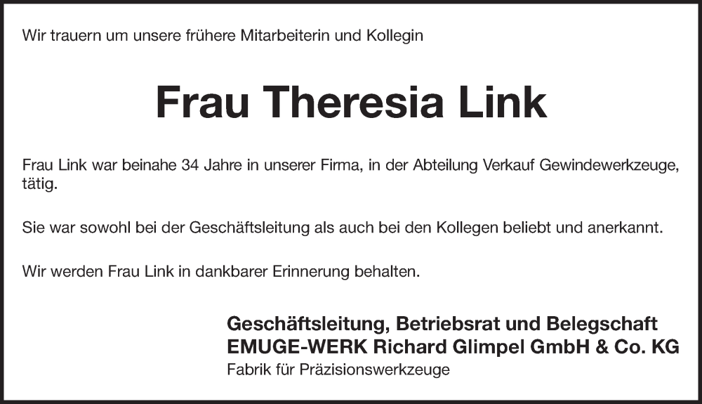  Traueranzeige für Theresia Link vom 29.11.2023 aus Pegnitz-Zeitung