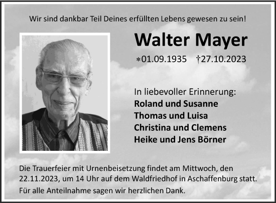 Traueranzeige von Walter Mayer von Hersbrucker Zeitung Lokal