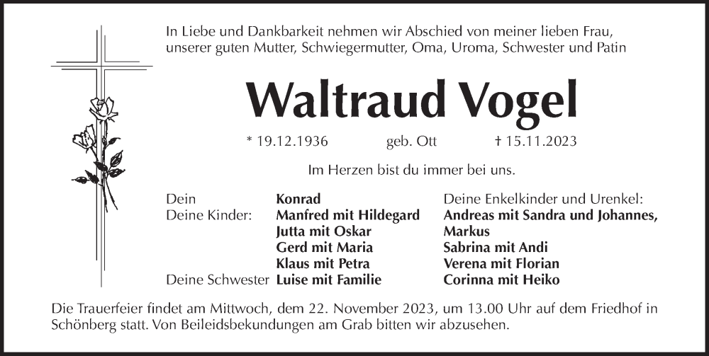  Traueranzeige für Waltraud Vogel vom 21.11.2023 aus Pegnitz-Zeitung