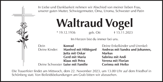 Traueranzeige von Waltraud Vogel von Pegnitz-Zeitung