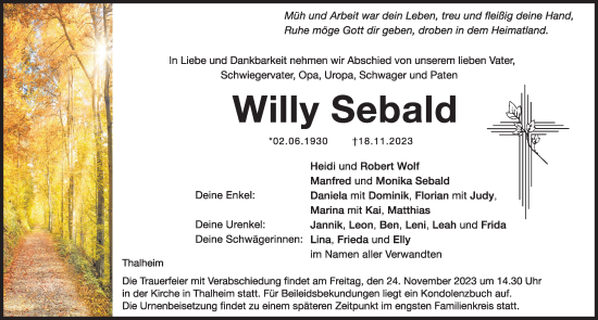 Traueranzeige von Willy Sebald von Hersbrucker Zeitung Lokal