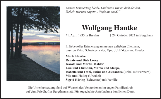 Traueranzeige von Wolfgang Hantke von Der Bote