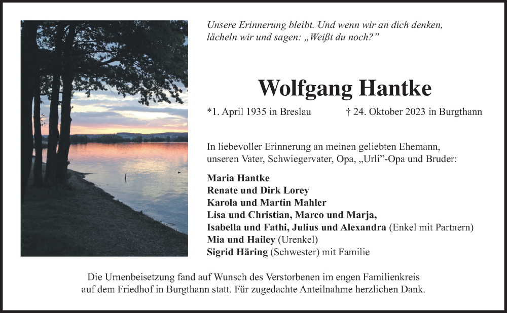  Traueranzeige für Wolfgang Hantke vom 18.11.2023 aus Der Bote
