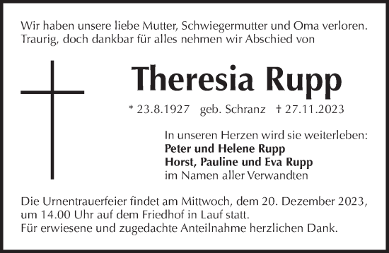 Traueranzeige von Theresia Rupp von Pegnitz-Zeitung