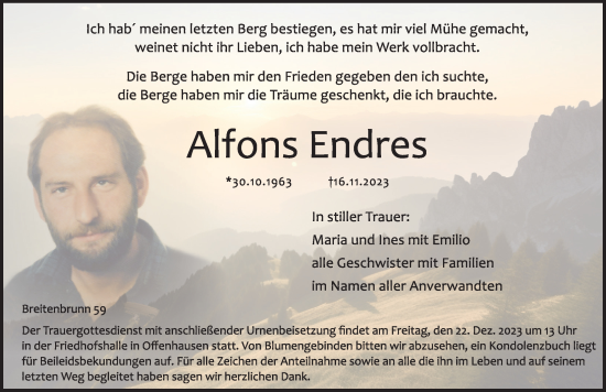 Traueranzeige von Alfons Endres von Hersbrucker Zeitung Lokal