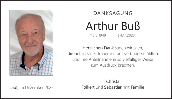 Traueranzeige von Arthur Buß von Pegnitz-Zeitung