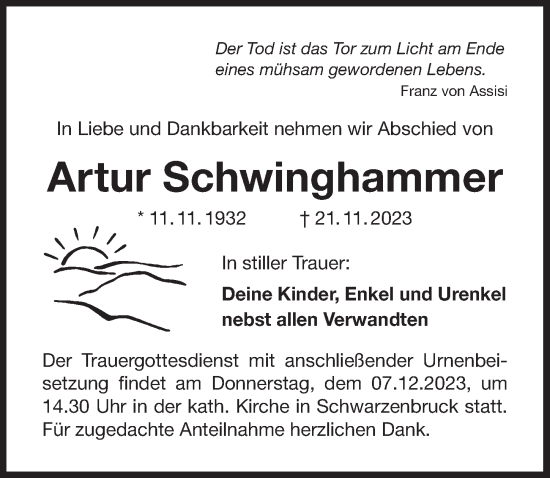 Traueranzeige von Artur Schwinghammer von Der Bote