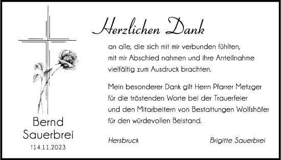 Traueranzeige von Bernd Sauerbrei von Hersbrucker Zeitung Lokal