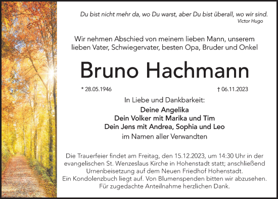 Traueranzeige von Bruno Hachmann von Hersbrucker Zeitung Lokal