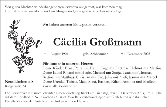 Traueranzeige von Cäcilia Großmann von Pegnitz-Zeitung