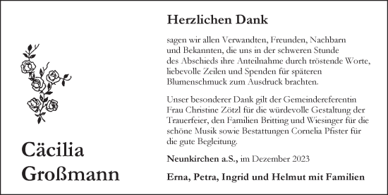 Traueranzeige von Cäcilia Großmann von Pegnitz-Zeitung