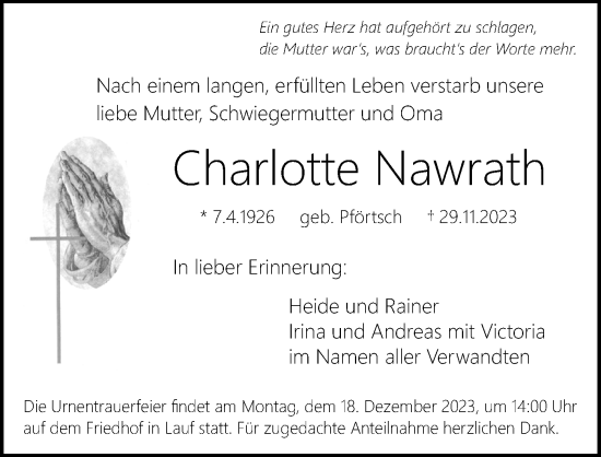 Traueranzeige von Charlotte Nawrath von Pegnitz-Zeitung