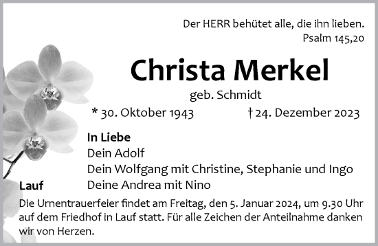 Traueranzeige von Christa Merkel von Pegnitz-Zeitung