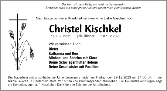 Traueranzeige von Christel Kischkel von Hersbrucker Zeitung Lokal