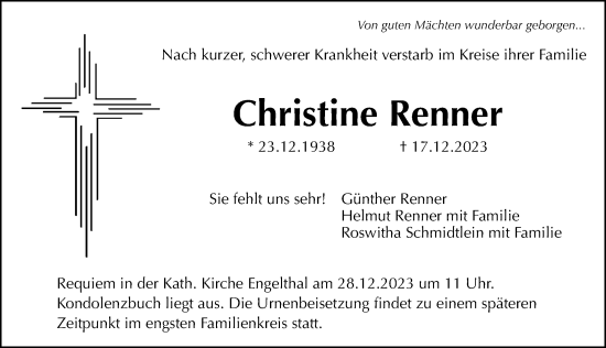 Traueranzeige von Christine Renner von Hersbrucker Zeitung Lokal