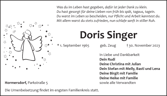 Traueranzeige von Doris Singer von Pegnitz-Zeitung