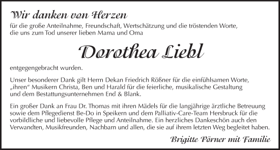 Traueranzeige von Dorothea Liebl von Pegnitz-Zeitung