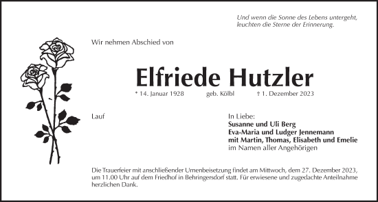 Traueranzeige von Elfriede Hutzier von Pegnitz-Zeitung