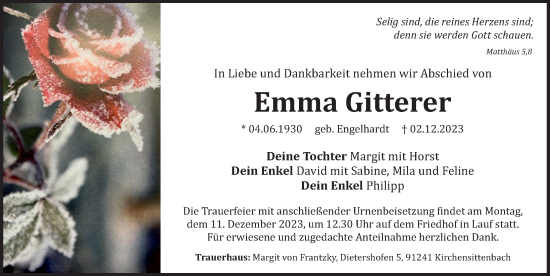 Traueranzeige von Emma Gitterer von Pegnitz-Zeitung