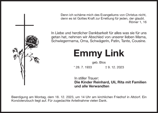 Traueranzeige von Emmy Link von Der Bote