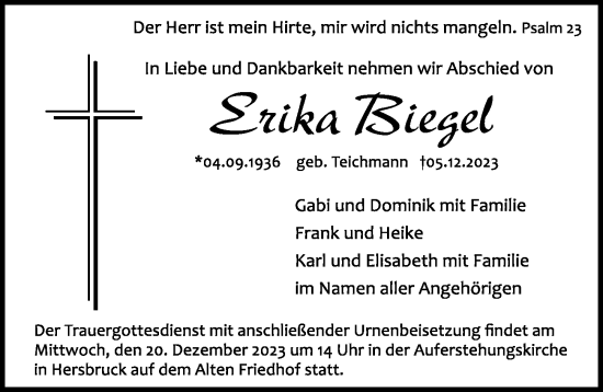 Traueranzeige von Erika Biegel von Hersbrucker Zeitung Lokal