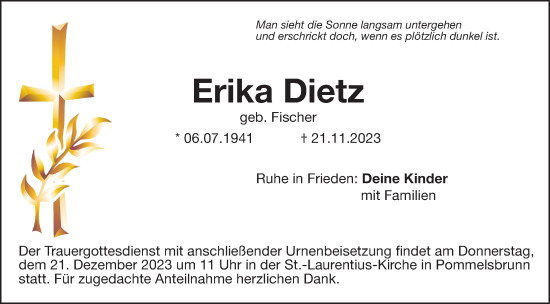 Traueranzeige von Erika Dietz von Hersbrucker Zeitung Lokal
