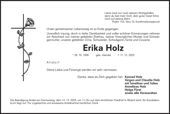 Traueranzeige von Erika Holz von Der Bote