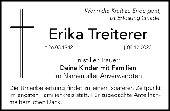 Traueranzeige von Erika Treiterer von Hersbrucker Zeitung Lokal
