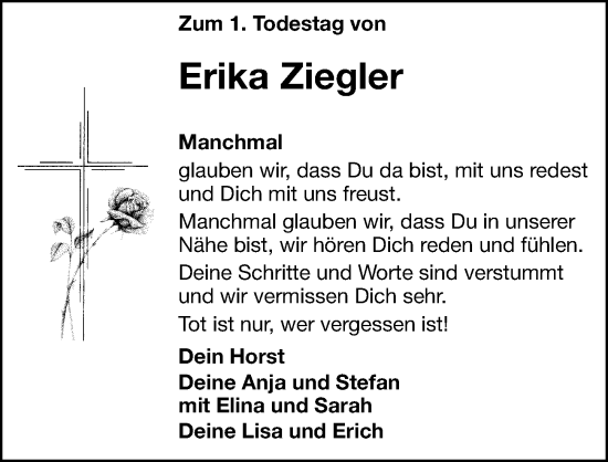 Traueranzeige von Erika Ziegler von Hersbrucker Zeitung Lokal