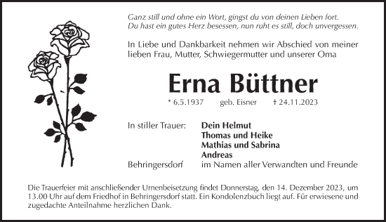 Traueranzeige von Erna Büttner von Pegnitz-Zeitung