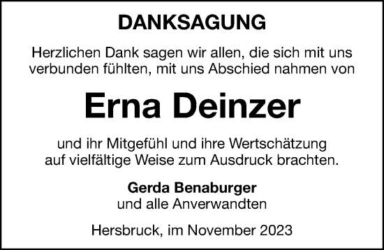 Traueranzeige von Erna Deinzer von Hersbrucker Zeitung Lokal