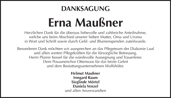Traueranzeige von Erna Maußner von Pegnitz-Zeitung
