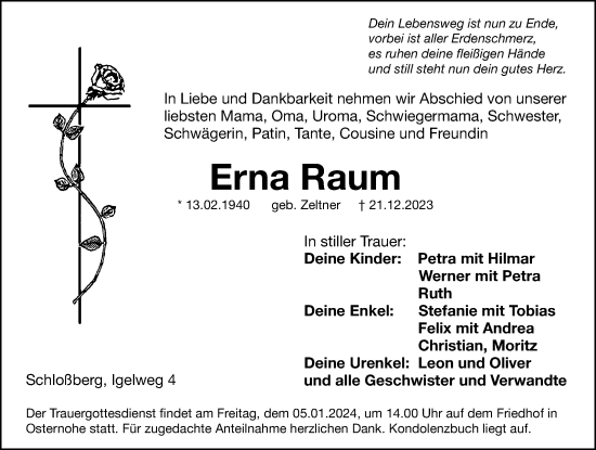 Traueranzeige von Erna Raum von Pegnitz-Zeitung